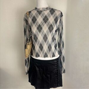 J for Justify Argyle Mesh Top Medium Sheer Long Sleeve Mock Neck